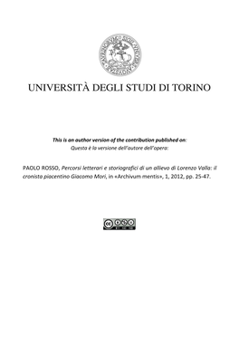 PAOLO ROSSO, Percorsi Letterari E Storiografici Di Un Allievo Di Lorenzo Valla: Il Cronista Piacentino Giacomo Mori, in «Archivum Mentis», 1, 2012, Pp