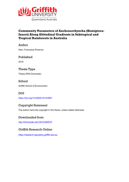 Hemiptera: Insect) Along Altitudinal Gradients in Subtropical and Tropical Rainforests in Australia