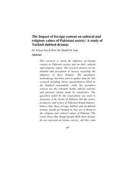 The Impact of Foreign Content on Cultural and Religious Values of Pakistani Society: a Study of Turkish Dubbed Dramas Dr