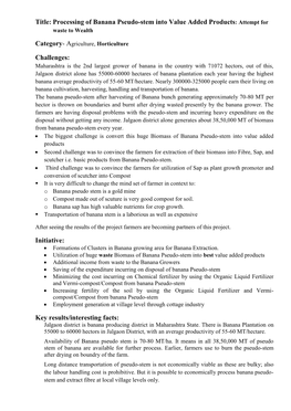 Processing of Banana Pseudo-Stem Into Value Added Products: Attempt for Waste to Wealth