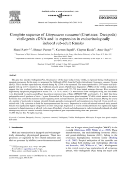 Complete Sequence of Litopenaeus Vannamei (Crustacea: Decapoda) Vitellogenin Cdna and Its Expression in Endocrinologically Induced Sub-Adult Females