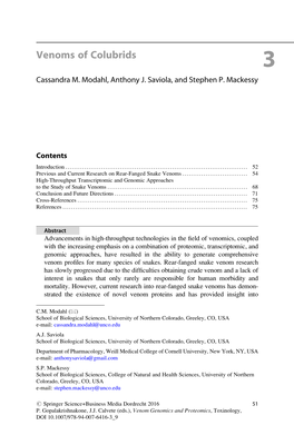 Venoms of Colubrids 3 Cassandra M