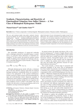 Synthesis, Characterization, and Reactivity of Functionalized Trinuclear Iron–Sulfur Clusters–Anew Class of Bioinspired Hydrogenase Models