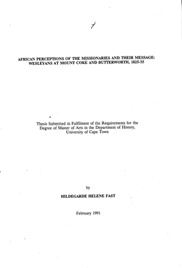 African Perceptions of the Missionaries and Their Message: Wesleyans at Mount Coke and Buti'erworth, 1825-35