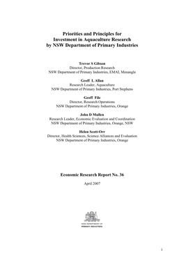 Priorities and Principles for Investment in Aquaculture Research by NSW Department of Primary Industries