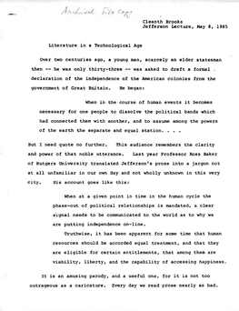 Cleanth Brooks Jefferson Lecture, May 8, 1985 Literature in A