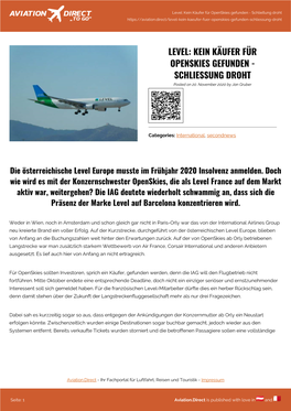 Level: Kein Käufer Für Openskies Gefunden - Schließung Droht