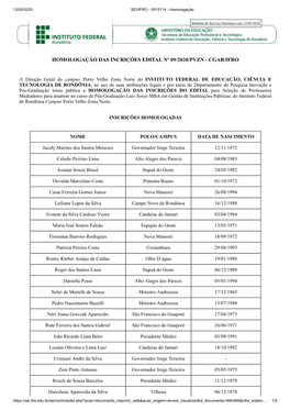 Homologação Das Incrições Edital Nº 09/2020/Pvzn - Cgab/Ifro