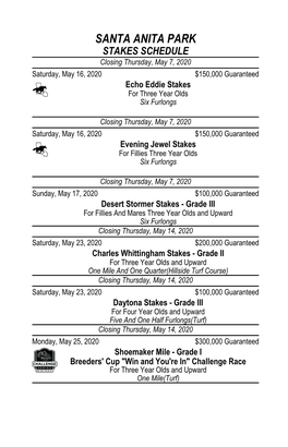 STAKES SCHEDULE Closing Thursday, May 7, 2020 Saturday, May 16, 2020 $150,000 Guaranteed Echo Eddie Stakes À for Three Year Olds Six Furlongs