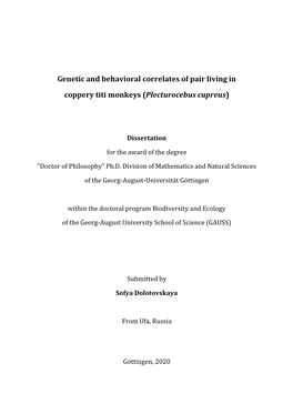 Genetic and Behavioral Correlates of Pair Living in Coppery Titi Monkeys, Plecturocebus Cupreus