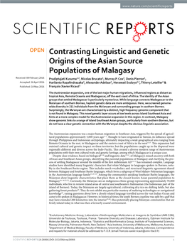 Contrasting Linguistic and Genetic Origins of the Asian Source Populations of Malagasy Received: 08 February 2016 Pradiptajati Kusuma1,2, Nicolas Brucato1, Murray P