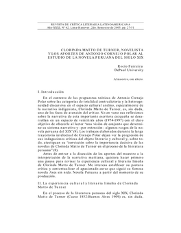 Clorinda Matto De Turner, Novelista Y Los Aportes De Antonio Cornejo Polar Al Estudio De La Novela Peruana Del Siglo Xix