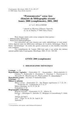 “Pyrenomycetes” Sensu Lato Éléments De Bibliographie Récente Année 2000 (Compléments), 2001, 2002