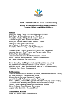 North Ayrshire Health and Social Care Partnership Minute of Integration Joint Board Meeting Held on Thursday 13 February 2020 at 10.00 A.M