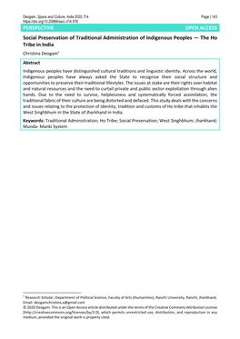 The Ho Tribe in India Christina Deogam† Abstract Indigenous Peoples Have Distinguished Cultural Traditions and Linguistic Identity