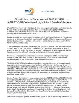 Dillard's Marcia Pinder Named 2012 RUSSELL ATHLETIC/WBCA National High School Coach of the Year