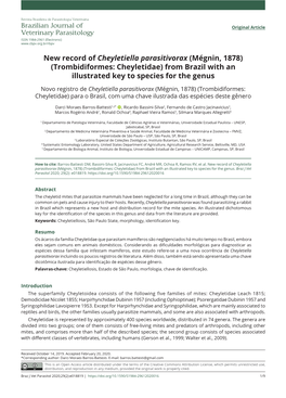 New Record of Cheyletiella Parasitivorax (Mégnin, 1878) (Trombidiformes: Cheyletidae) from Brazil with an Illustrated Key to Species for the Genus