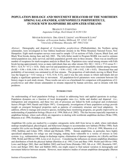 Population Biology and Movement Behavior of the Northern Spring Salamander, Gyrinophilus Porphyriticus, in Four New Hampshire Headwater Streams