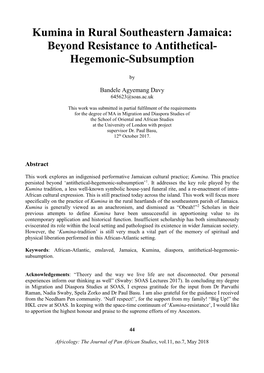 Kumina in Rural Southeastern Jamaica: Beyond Resistance to Antithetical- Hegemonic-Subsumption