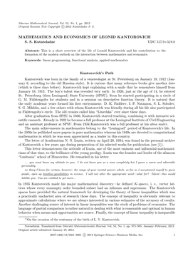 Mathematics and Economics of Leonid Kantorovich S