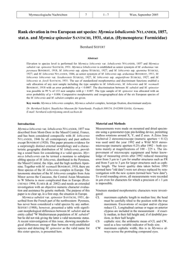 Rank Elevation in Two European Ant Species: Myrmica Lobulicornis NYLANDER, 1857, Stat.N
