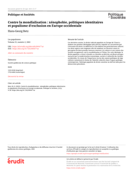 Contre La Mondialisation : Xénophobie, Politiques Identitaires Et Populisme D’Exclusion En Europe Occidentale Hans-Georg Betz