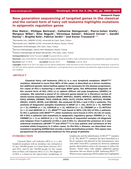 New Generation Sequencing of Targeted Genes in the Classical and the Variant Form of Hairy Cell Leukemia Highlights Mutations in Epigenetic Regulation Genes