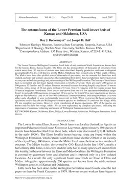 The Entomofauna of the Lower Permian Fossil Insect Beds of Kansas and Oklahoma, USA