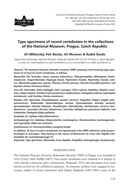 Type Specimens of Recent Vertebrates in the Collections of the National Museum, Prague, Czech Republic