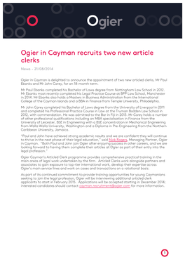 Ogier in Cayman Recruits Two New Article Clerks News - 21/08/2014