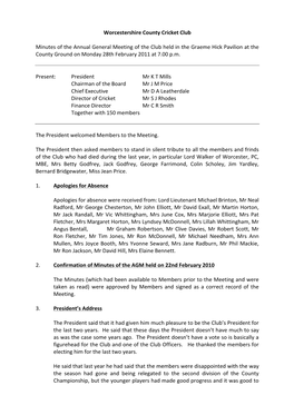 Worcestershire County Cricket Club Minutes of the Annual General