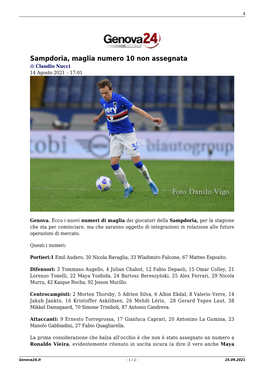 Sampdoria, Maglia Numero 10 Non Assegnata Di Claudio Nucci 14 Agosto 2021 – 17:01