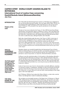 CAPRIVI STRIP: WORLD COURT AWARDS ISLAND to BOTSWANA International Court of Justice Case Concerning Kasikili/Sedudu Island (Botswana/Namibia) Alan Perry