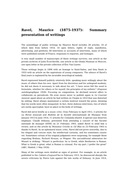 Ravel, Maurice (1875-1937): Summary Presentation of Writings
