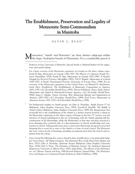 The Establishment, Preservation and Legality of Mennonite Semi-Communalism in Manitoba