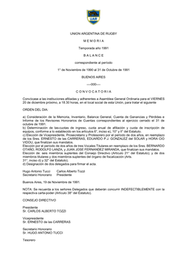 UNION ARGENTINA DE RUGBY M E M O R I a Temporada Año