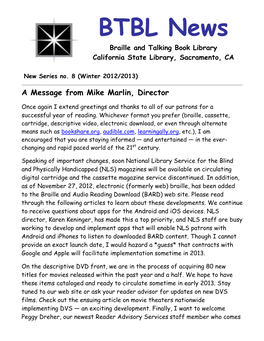 BTBL News Braille and Talking Book Library California State Library, Sacramento, CA