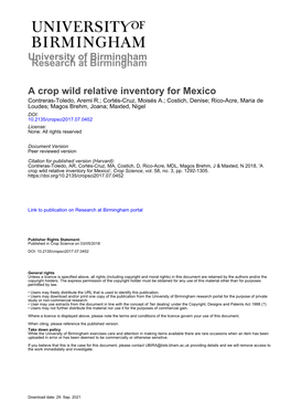 University of Birmingham a Crop Wild Relative Inventory for Mexico