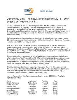 Ogwumike, Sims, Thomas, Stewart Headline 2013-14 Preseason 'Wade