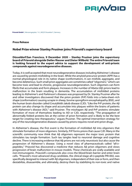 Nobel Prize Winner Stanley Prusiner Joins Priavoid's Supervisory Board