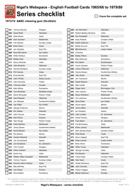 Series Checklist I Have the Complete Set 1973/74 A&BC Chewing Gum (Scottish)
