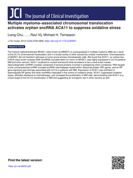 Multiple Myeloma–Associated Chromosomal Translocation Activates Orphan Snorna ACA11 to Suppress Oxidative Stress