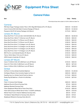 Equipment Price Sheet