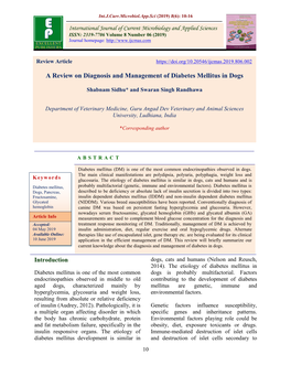 A Review on Diagnosis and Management of Diabetes Mellitus in Dogs