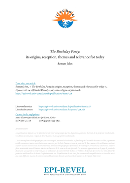 The Birthday Party: Its Origins, Reception, Themes and Relevance for Today