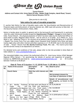 Sale Notice for Sale of Movable Properties Date & Time of E-Auction