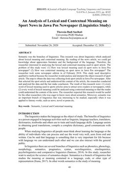 An Analysis of Lexical and Contextual Meaning on Sport News in Jawa Pos Newspaper (Linguistics Study)