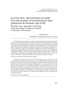 Las Otras Mitas. Aproximaciones Al Estudio De La Mita De Plaza En La Jurisdicción De Jujuy, Gobernación De Tucumán, Siglo XVII/ the Other Mitas