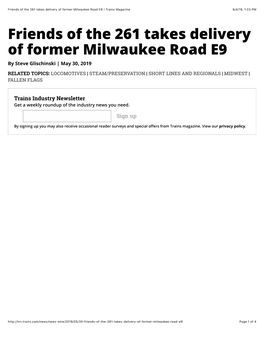 Friends of the 261 Takes Delivery of Former Milwaukee Road E9 | Trains Magazine 6/4/19, 1�23 PM