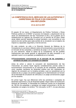 La Competencia En El Mercado De Las Autopistas Y Carreteras De Peaje O En Concesión: Una Reflexión